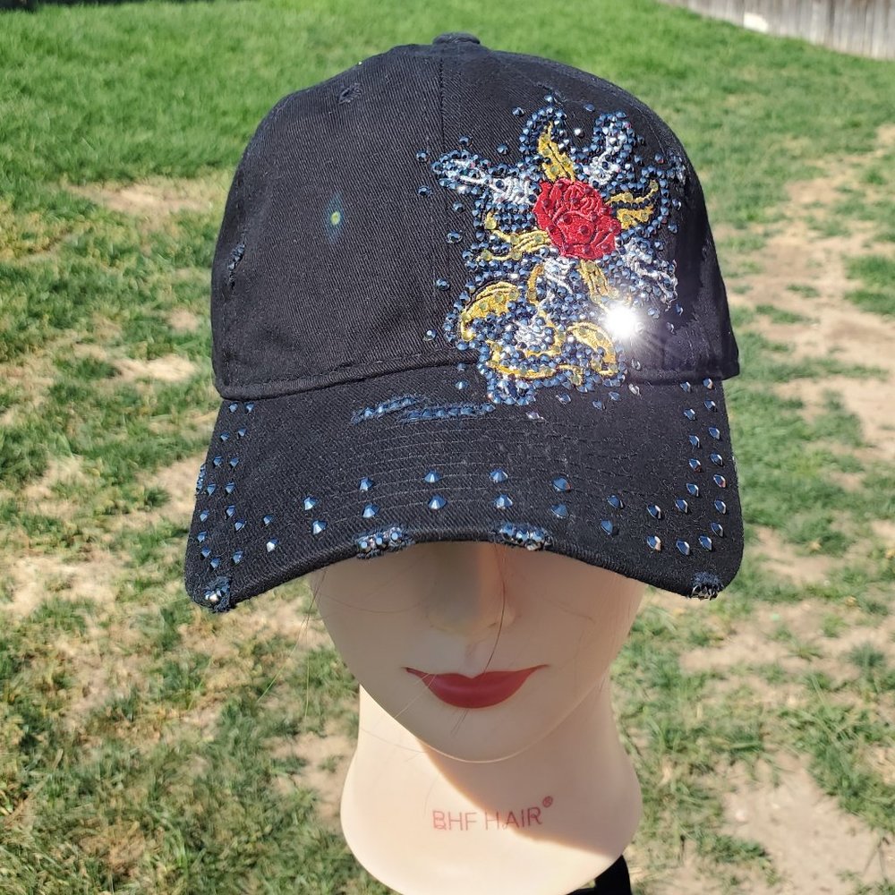 Ladies Black Barbed wire Cross BLING Hat